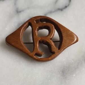 Vintage Carved Wood Letter "R" Initial Brooch 2.25"